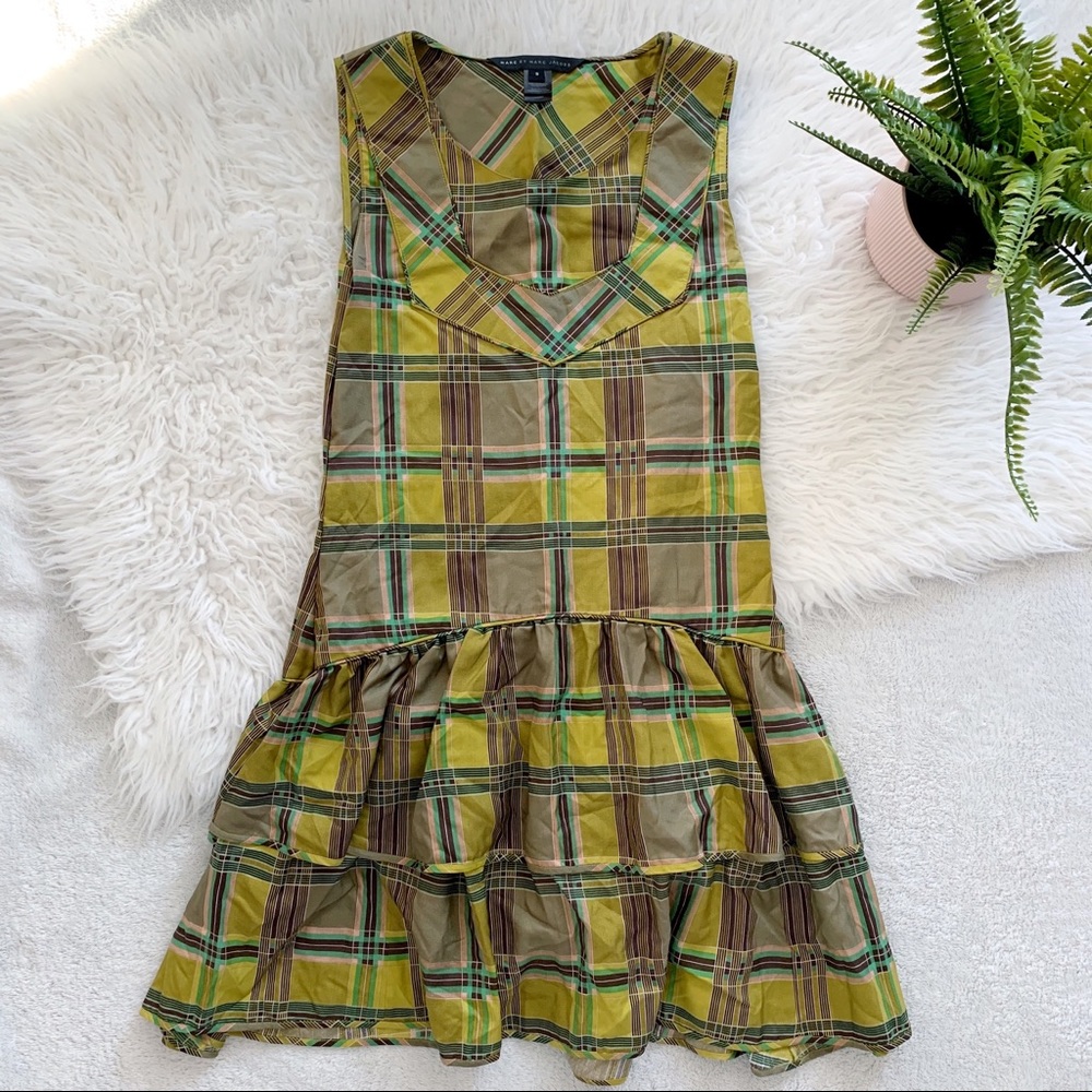 Marc by Marc Jacobs green silk plaid dress